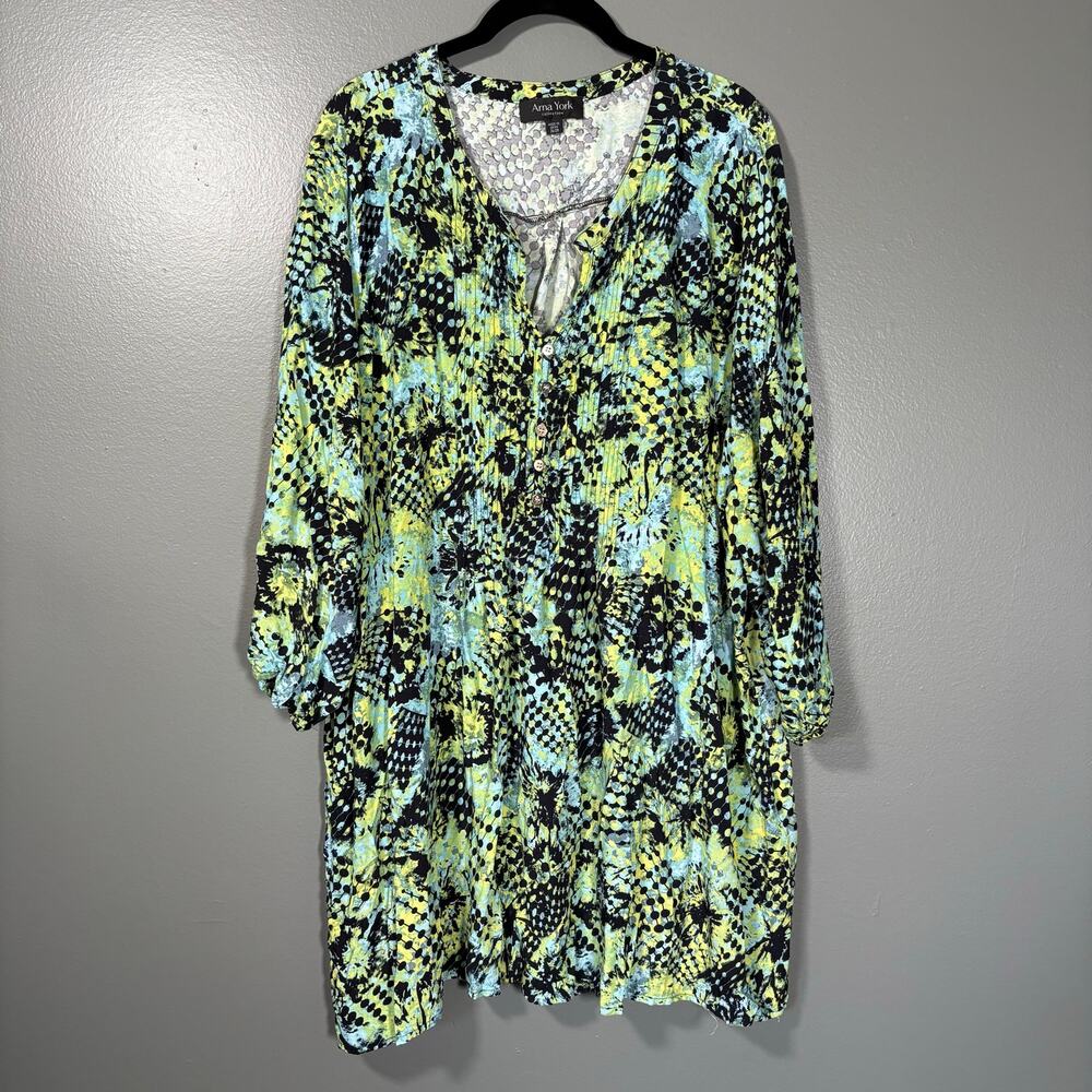 Arna York Blue & Yellow Graffiti Style Boho Peasant Top - 26/28 - Women's Plus